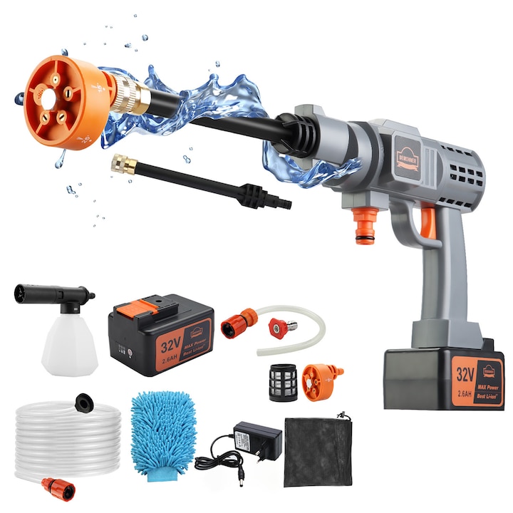 Aparat de Spalat cu Presiune, DEWINNER, 2600, mAh baterii, 32V, 700PSI, Multicolor, Cu duza Reglabila 5-in-1, Aparat de Spalat cu Presiune Portabil,1 baterie si incarcator, Furtun de gradina, Flexibil, 6m