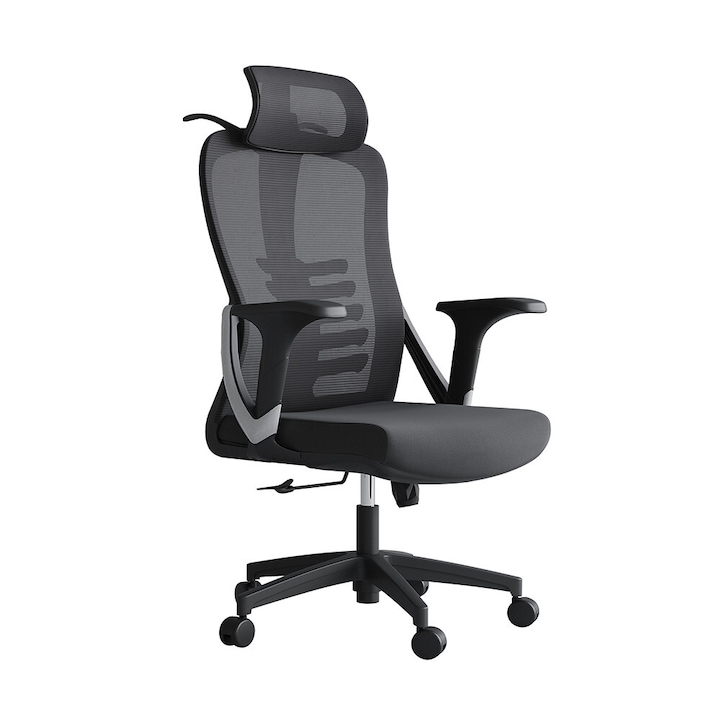 Scaun ergonomic de birou, Invincio, Nicolle-H, Spatar Mesh, Ajustare pe Inaltime, Tetiera Reglabila, Suport Lombar, Sezut Buretat, Cotiere in V Fixe, Baza PP 330mm, Negru