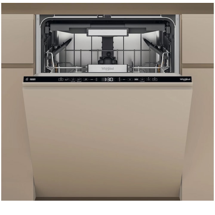 Masina de spalat vase incorporabila Whirlpool W7IHT40T, 15 seturi, 8 programe, MaxiSpace, Tehnologia Al 6-lea Simt, NaturalDry, Clasa C, PowerCleanPro, Pornire cu intarziere, 60 cm