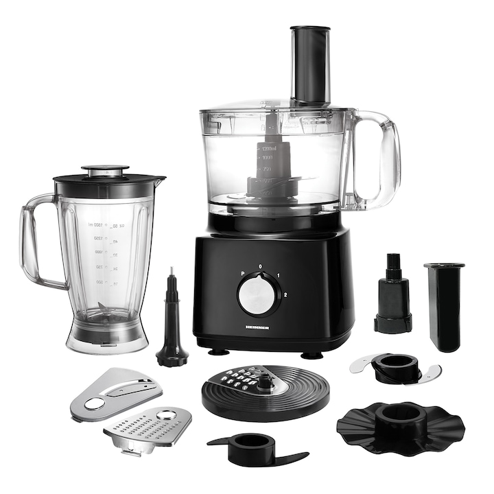 Robot de bucatarie Heinner HFP-750BK, 750 W, bol 1.2 l, blender 1.8 l, disc feliere, maruntire, negru