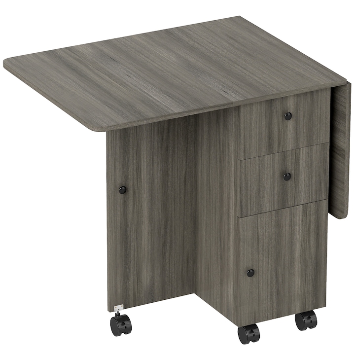 HOMCOM Masa Pliabila cu 6 Roti, 2 Sertare si Dulap cu Usi, din Lemn, 120x60x76.5 cm, Gri