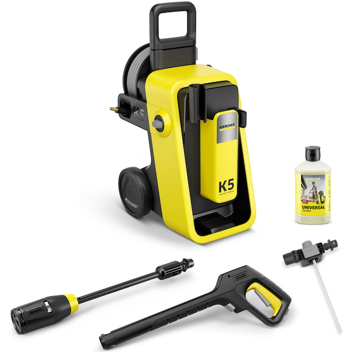 Aparat de spalat cu presiune Karcher K 5 Comfort Premium, putere 2100 W, presiune maxim 145 bar, debit maxim 500 l/h, pompa aluminiu, pistol presiune ridicata, lance 4 in 1 Multi Jet, furtun presiune 10 m, adaptor furtun gradina 3/4, detergent 1 l