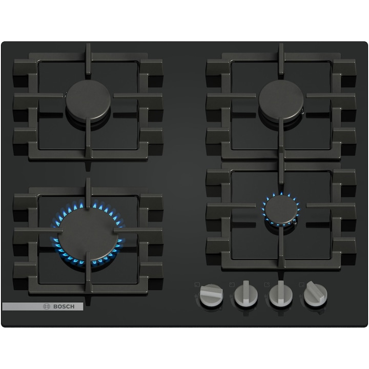 Plita incorporabila Bosch PNN6B6K40, Gaz, 4 arzatoare, Gratar fonta, 60 cm, Sticla neagra