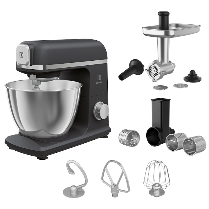 Robot de bucatarie ELECTROLUX E5KM1-6GBP, 1200 W, 6 trepte de viteza, functie Pulse, corp metalic, bol inox 5 l, masina de tocat carne, accesoriu razuire/ feliere, gri-inchis satinat