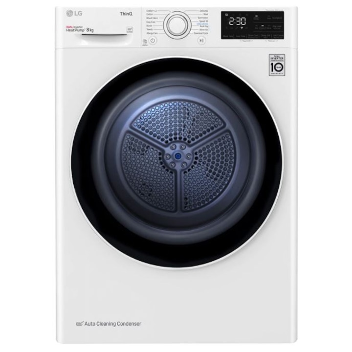 Uscator de rufe LG RH80V3AV6N, Pompa de caldura DUAL Inverter, 8 kg, 14 programe, Clasa D, Auto-curatare condensator, Eco Hybrid, ThinQ, Alb
