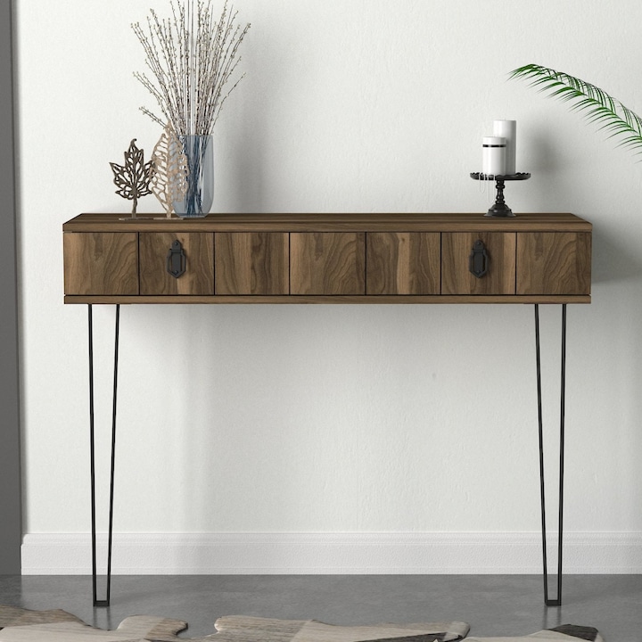 Masa Consola UnicUtil pentru Hol si Living, Consola Ingusta cu 2 Sertare si Picioare Metalice Negre, PAL Melaminat Aspect Lemn Nuc, Lungime 120 cm, Inaltime 90 cm, Adancime 35 cm, Design Modern