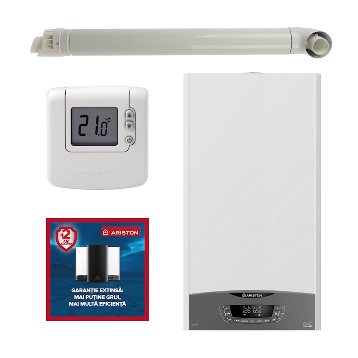 Pachet centrala termica pe gaz in condensare, Ariston Clas One 30 kW, Wi-Fi, kit de evacuare, termostat Honeywell DT92 si cupon garantie extinsa 2 ani (total 5 ani) incluse