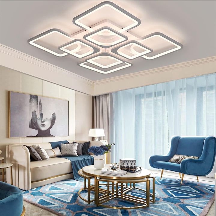 Lustra LED dimabila cu telecomanda 3 tipuri de lumina cald/neutru/rece 216W StrongLED intensitate reglabila 8 patrate, carcasa Alba ZenLED®