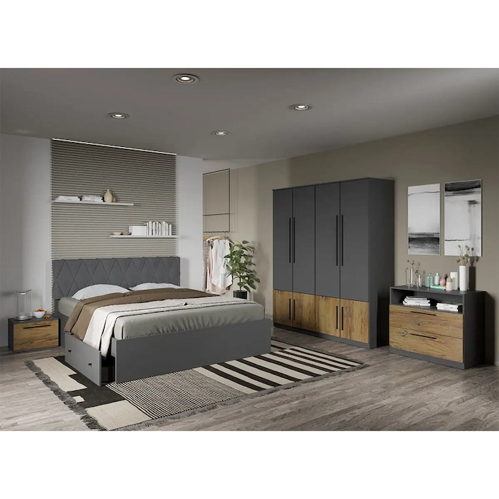 Set dormitor complet, Gri cu Flagstaff Oak, Sidney, C29, Pat 160x200, Dulap, Comoda, Noptiere