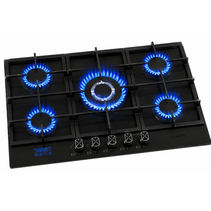 Plita pe gaz incorporabila KB ELEMENTS, 5 arzatoare, sticla securizata neagra 8 mm, aprindere electrica, control touch digital, timer, siguranta oprire automata, LPG/NG